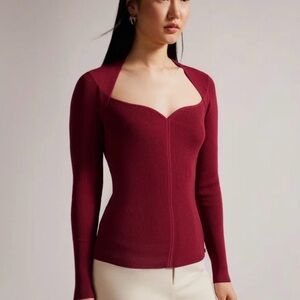 NWT Ted Baker Helenh Sweetheart Neckline Maroon Red Knit Top - Size 2